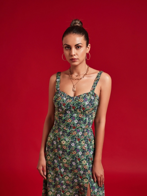 THE CLOTHING FACTORY Green Floral Printed A-Line Midi Dress - Image 5