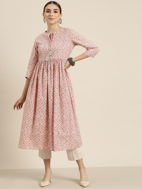 Shae by SASSAFRAS Women Mauve & White Bandhani Printed Gotta Patti Anarkali Kurta