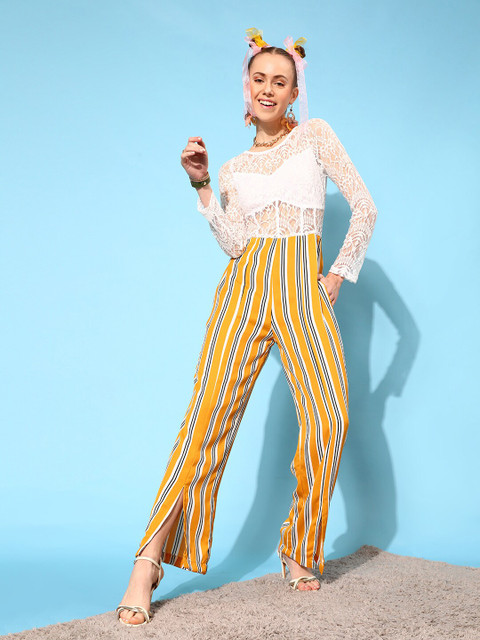 STREET 9 Women White & Mustard Self Design Basic Jumpsuit with Lace Inserts