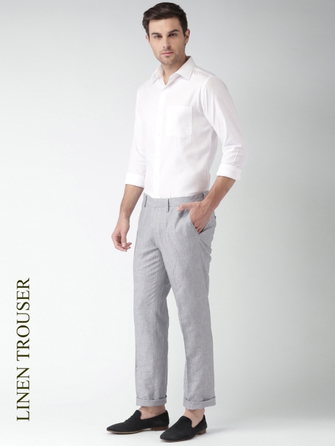 Men Grey Self-design Slim Fit Formal Trousers
