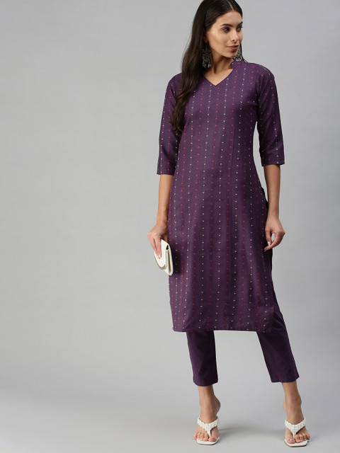 KALINI Women Violet Pure Cotton Kurta with Trousers