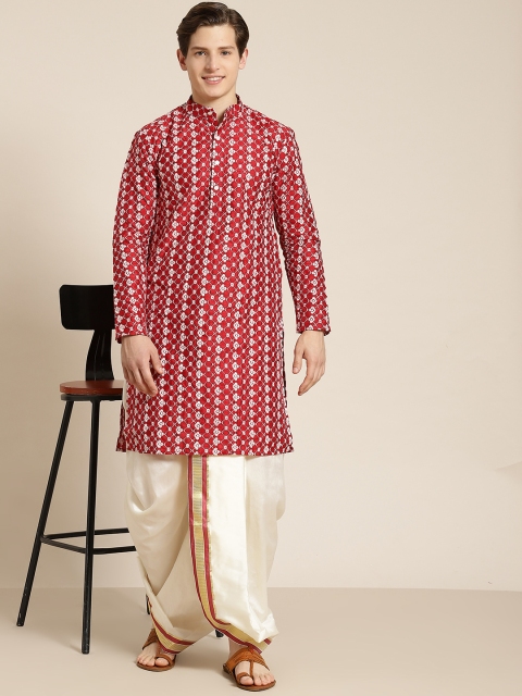 Anug by SOJANYA Men Off White & Maroon Solid Dhoti Pants - Image 4