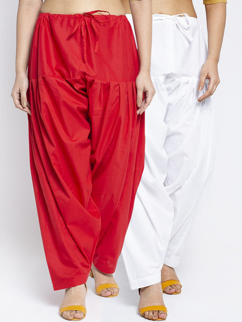 Jinfo Women Pack of 2 White & Red Solid Pure Cotton Loose-Fit Salwars