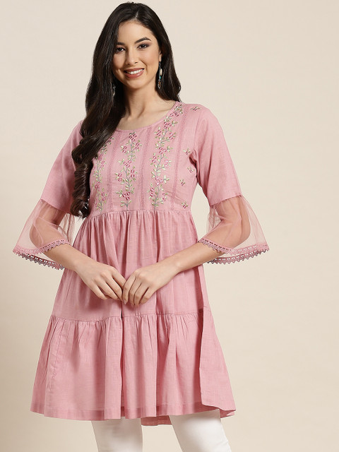 Juniper Women Dusty Pink Ethnic Motifs Embroidered Pure Cotton Tiered Kurta
