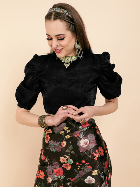 Sangria Black & Red Floral Sequinned Satin Saree - Image 6