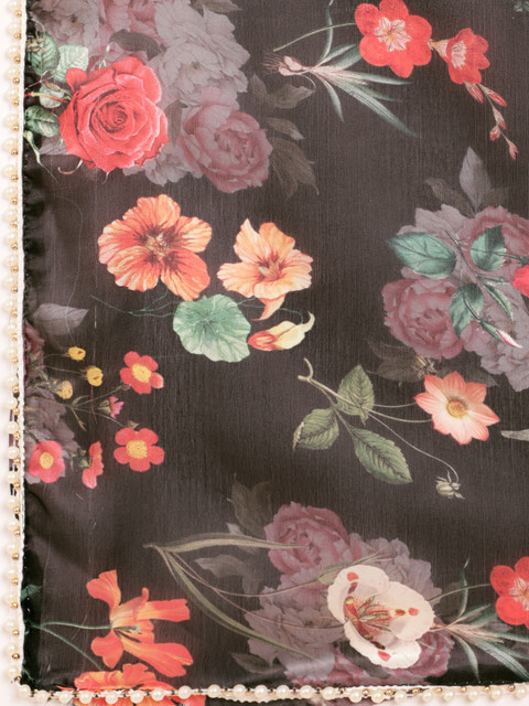 Sangria Black & Red Floral Sequinned Satin Saree - Image 7