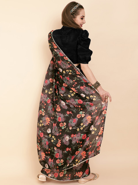 Sangria Black & Red Floral Sequinned Satin Saree - Image 5