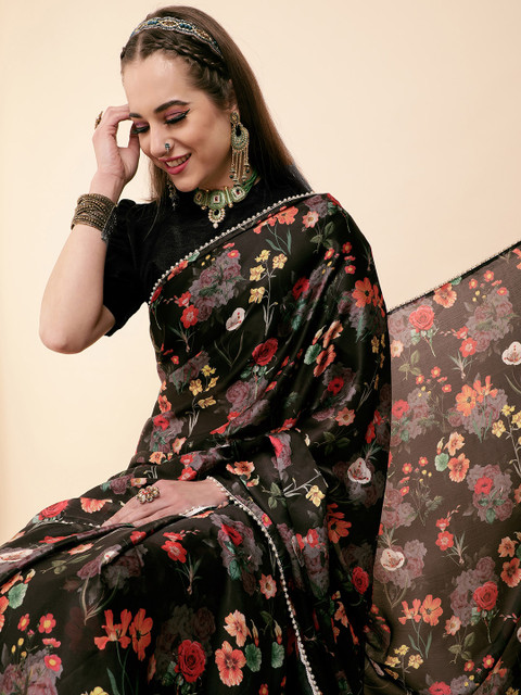 Sangria Black & Red Floral Sequinned Satin Saree - Image 2