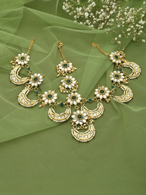 Zaveri Pearls Gold-Plated Green & White Stone-Studded & Beaded Mathapatti Maangtikka