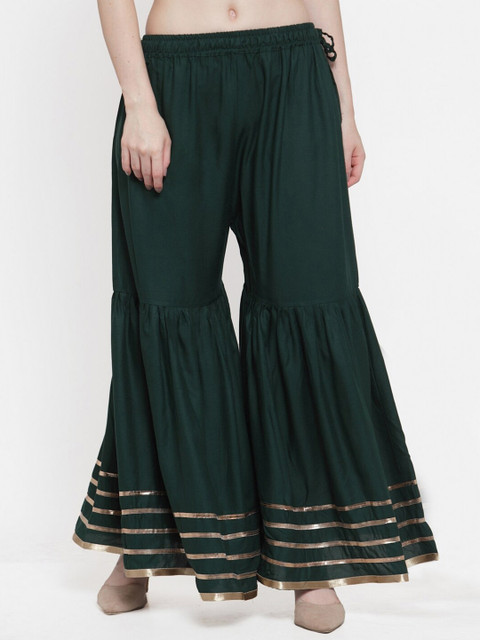 TAG 7 Women Green & Golden Hem Design Flared Ethnic Palazzos