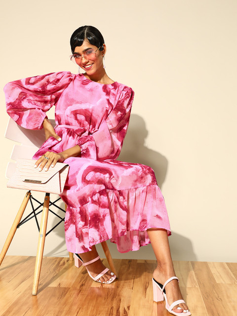 plusS Women Pretty Pink Abstract Volume Play Dress