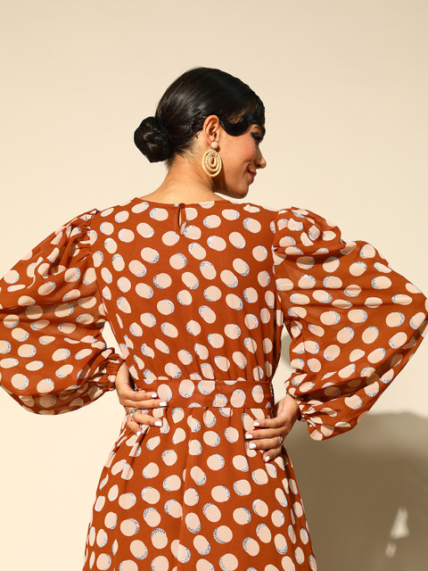 plusS Women Attractive Rust Geometric Volume Play Dress - Image 5