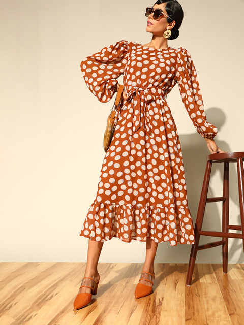 plusS Women Attractive Rust Geometric Volume Play Dress - Image 6