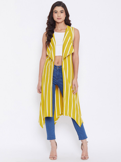 Hypernation Women Yellow & White Striped Longline Cotton Shrug