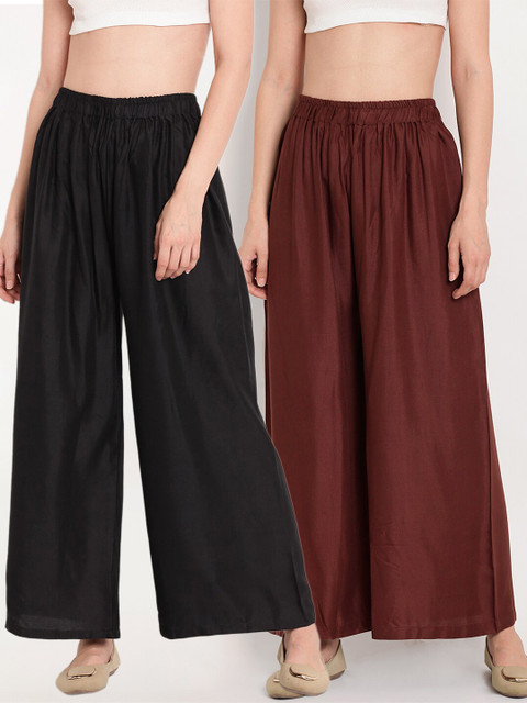 TAG 7 Women Black & Brown Set of 2 Flared Ethnic Palazzos