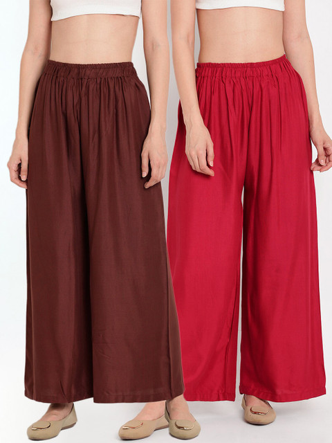 TAG 7 Women Brown & Maroon Set of 2 Flared Ethnic Palazzos