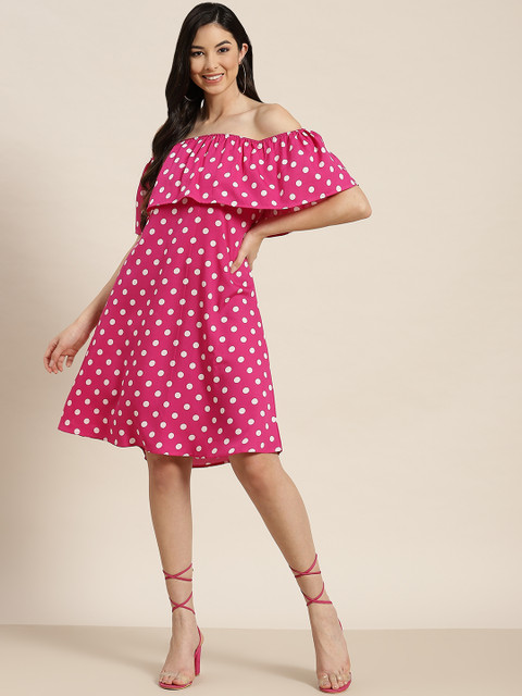 Qurvii Pink & White Off-Shoulder Layered Crepe A-Line Dress