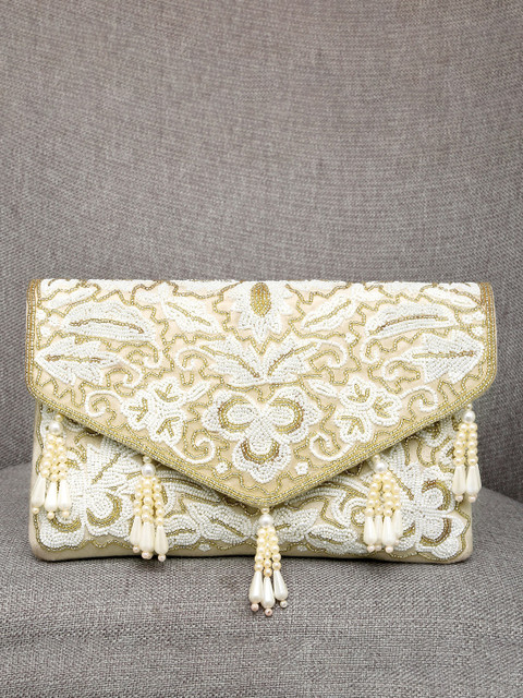 Peora Cream-Coloured & Gold-Toned Embroidered Envelope Clutch