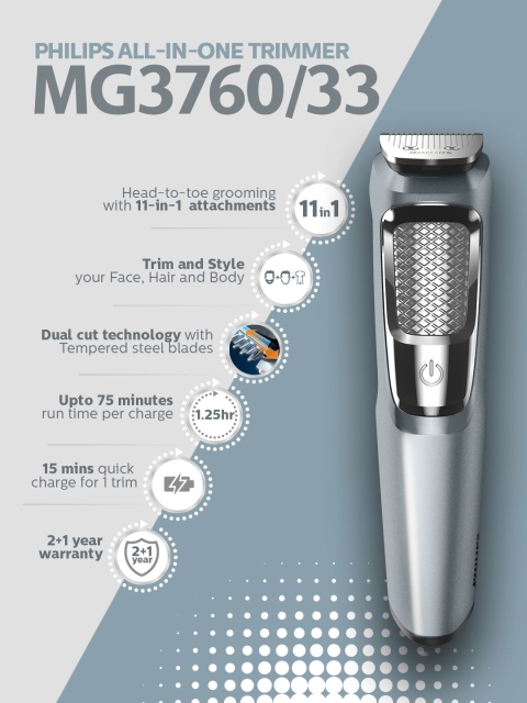Philips Men MG3760/33 All-in-One Cordless Trimmer for Face, Head & Body - Grey - Image 6