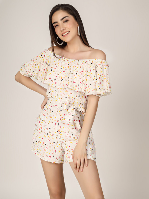 ANVI Be Yourself White Off-Shoulder Printed Jumpsuit