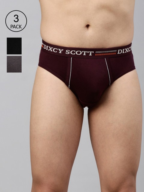 DIXCY SCOTT Men Black & Maroon Pack Of 3 Solid Mid-Rise Basic Briefs