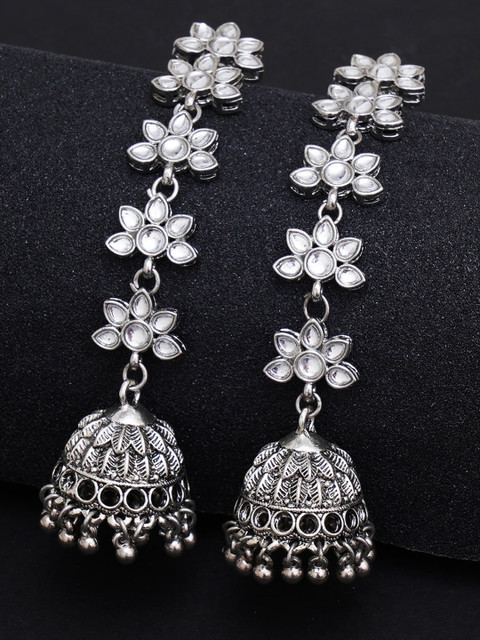 KARATCART Silver-Toned Floral Kundan Studded Jhumkas Earrings