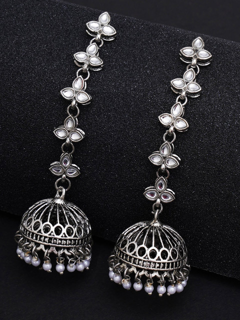 KARATCART Silver-Toned Dome Shaped Oxidised Silver Pearl & Kundan Studded Jhumkas Earrings