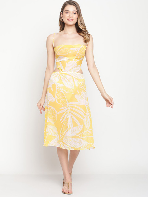 Aoba Women Yellow & White Printed Cover-Up Beachwear Dress