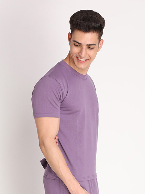 Chkokko Men Purple Solid Outdoor Cotton T-shirt - Image 3