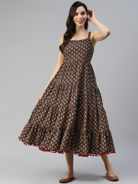 Divena Charcoal Grey & Beige Pure Cotton Ethnic Motifs A-Line Midi Dress