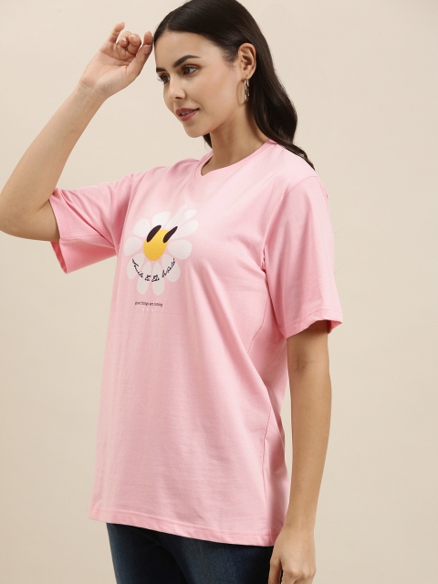 Difference of Opinion Women Pink Typography Printed Pure Cotton Oversized T-Shirt - Image 3