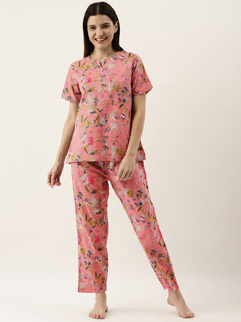 SANSKRUTIHOMES Women Rose Pure Cotton Floral Print Pyjama Set