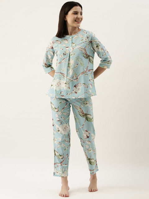 SANSKRUTIHOMES Women Sea Green Pure Cotton Floral Print Pyjama Set