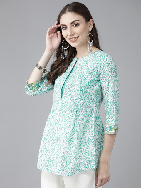 Rain & Rainbow Women Sea Green & White Ethnic Motifs Printed Sequinned Pure Cotton Kurti - Image 3