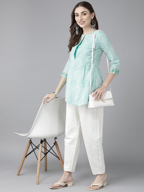 Rain & Rainbow Women Sea Green & White Ethnic Motifs Printed Sequinned Pure Cotton Kurti - Image 5