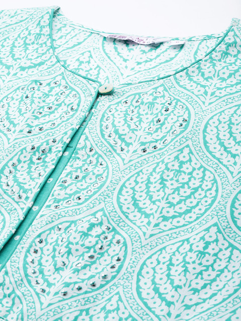 Rain & Rainbow Women Sea Green & White Ethnic Motifs Printed Sequinned Pure Cotton Kurti - Image 2