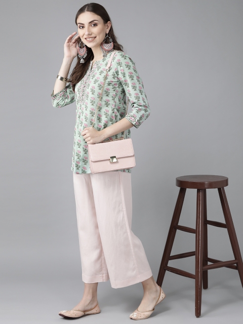 Rain & Rainbow Women Floral Printed Sequinned Pure Cotton Kurti - Image 5