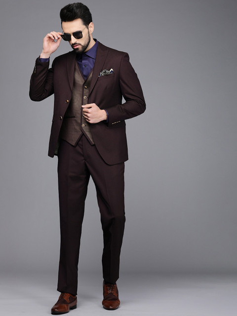 Louis Philippe Men Burgundy Textured Slim Fit Single Breasted Formal Suit