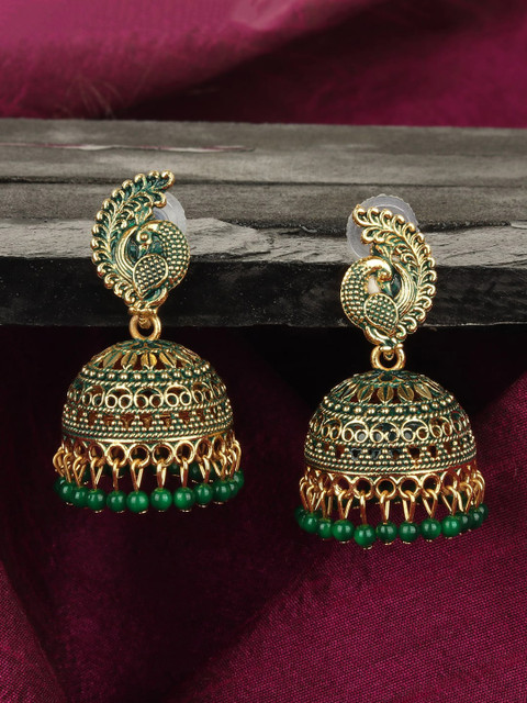 ANIKAS CREATION Gold-Plated Green Enamelled Contemporary Jhumkas