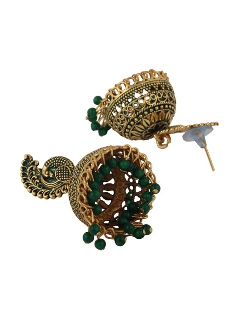 ANIKAS CREATION Gold-Plated Green Enamelled Contemporary Jhumkas - Image 3