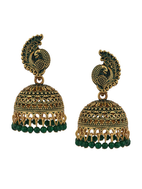 ANIKAS CREATION Gold-Plated Green Enamelled Contemporary Jhumkas - Image 2