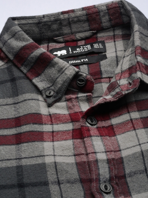 THE BEAR HOUSE Men Grey Slim Fit Tartan Checks Checked Casual Shirt - Image 2