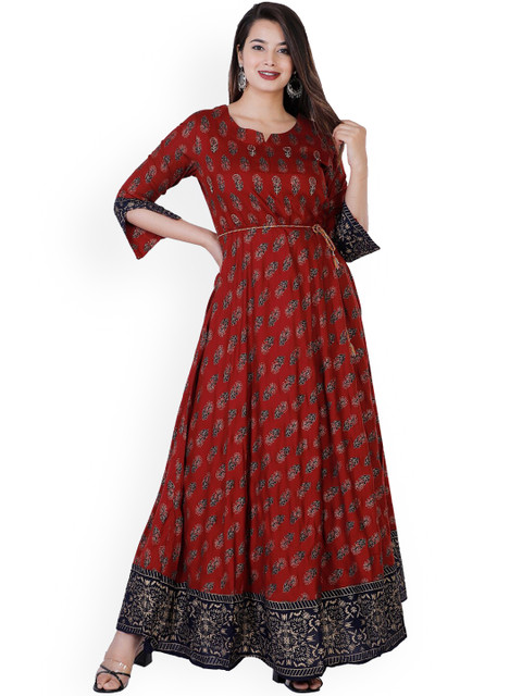 KALINI Women Maroon & Black Ethnic Motifs Printed Anarkali Kurta