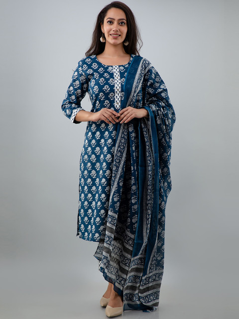 KALINI Women Blue Floral Printed Gotta Patti Pure Cotton Kurta with Trousers & With Dupatta