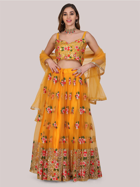 Warthy Ent Yellow & Green Embroidered Thread Work Semi-Stitched Lehenga & Unstitched Blouse With Dupatta
