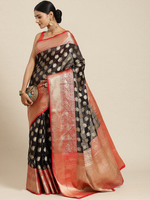 Silk Land Black & Red Woven Design Zari Kanjeevaram Saree - Image 2