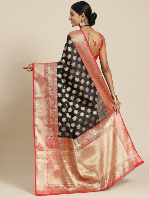 Silk Land Black & Red Woven Design Zari Kanjeevaram Saree - Image 3