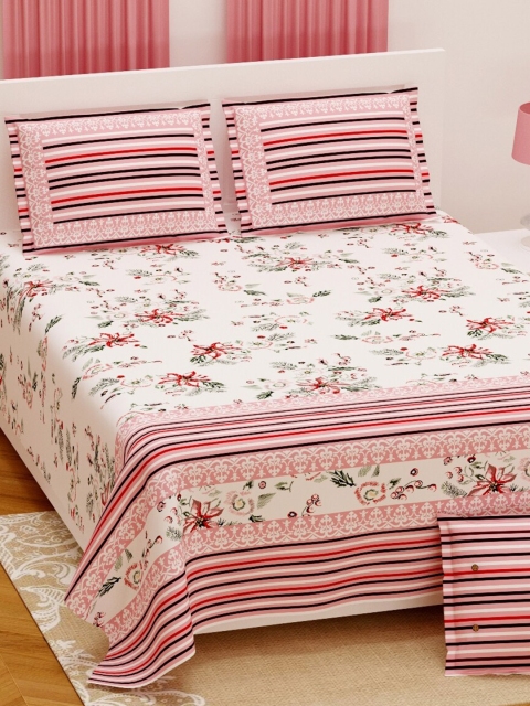 Aura White & Pink Floral 200 TC King Bedsheet with 2 Pillow Covers