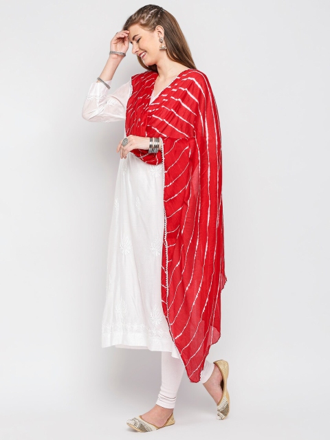 Dupatta Bazaar Red & White Striped Leheriya Tie and Dye Dupatta - Image 3