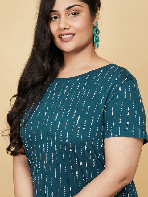 max Plus Size Women Teal Printed Pure Cotton T-shirt - Image 2